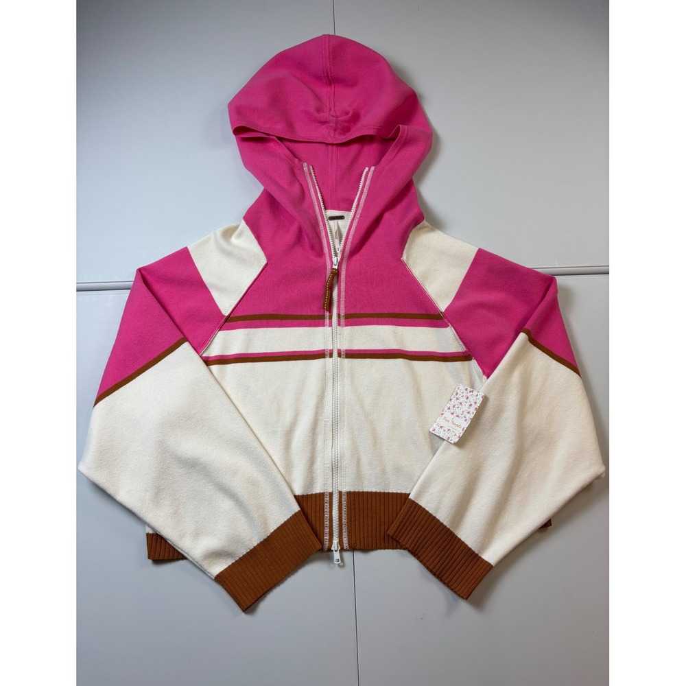 NWT Free People Stripes For Days Hooded Crop Sweatshirt Pink Brown Womens Medium
